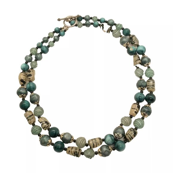 Double Strand Glass Beaded Necklace Blue Green - Picture 2 of 4